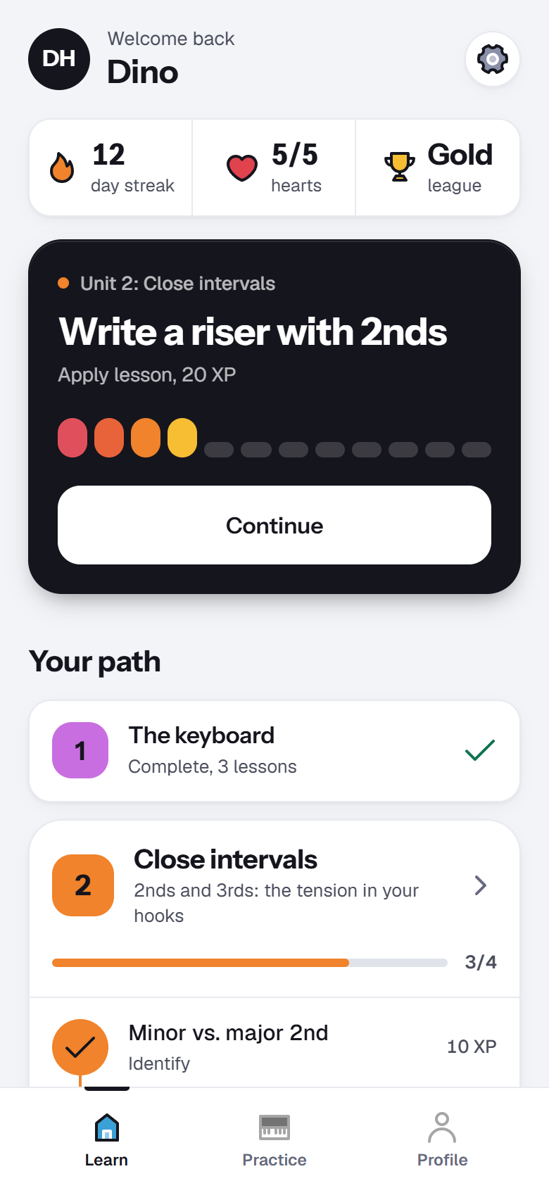 Home screen showing the next lesson and the unit path