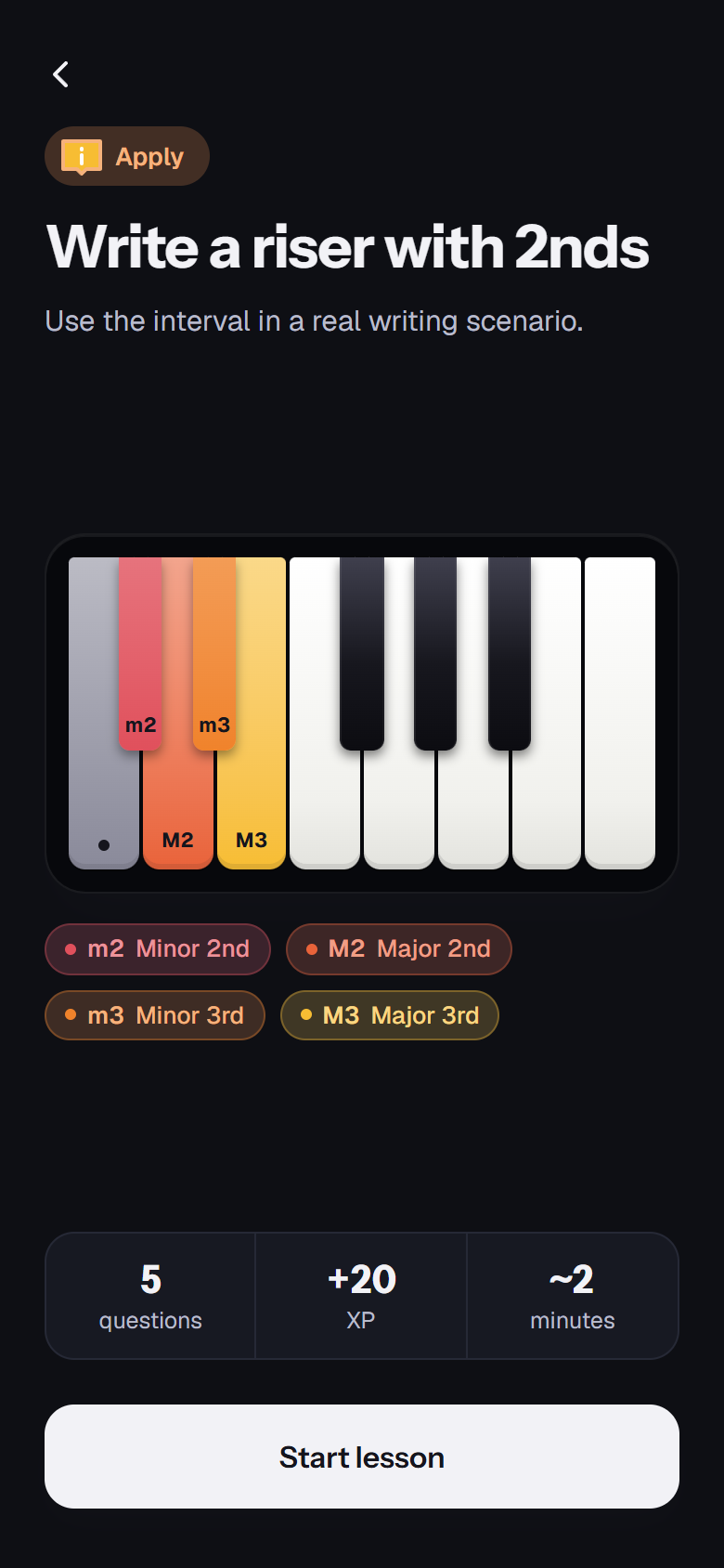 Lesson intro in dark mode with four intervals lit on the keyboard